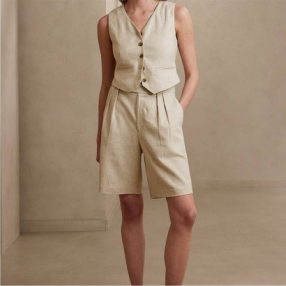 Banana Republic Linen Cotton Blend Bermuda Trouser Shorts 9” Pleated Peach - Picture 2 of 11